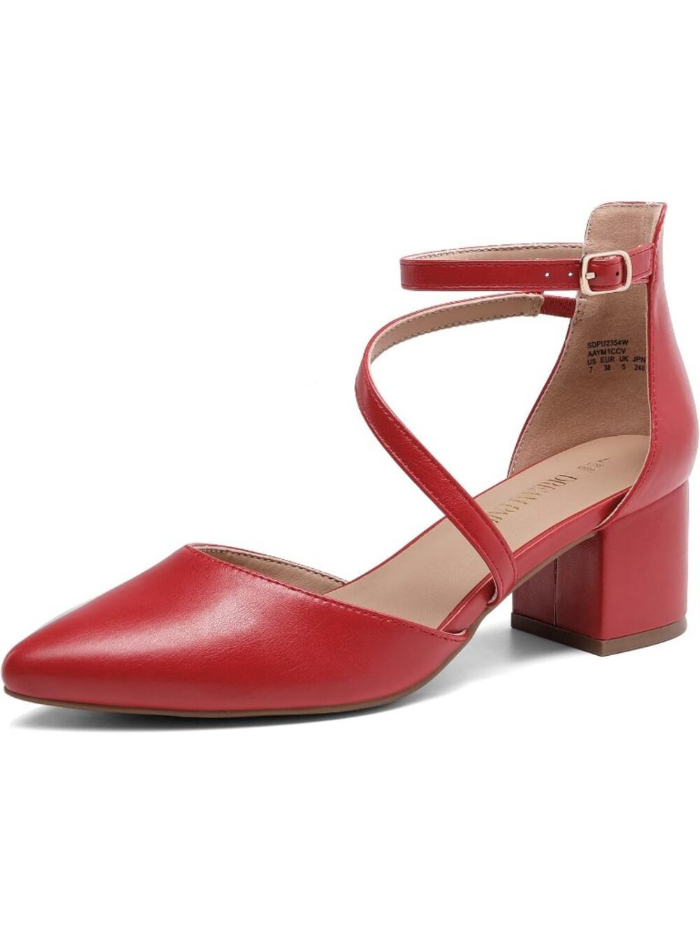 Women's Red Pu Leather Block Heels Pumps Closed Pointed Toe Ankle Strap Shoes